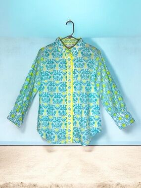 Gretchen Scott Designs Women’s Blue & Yellow Patterned Button-Down Shirt Size S